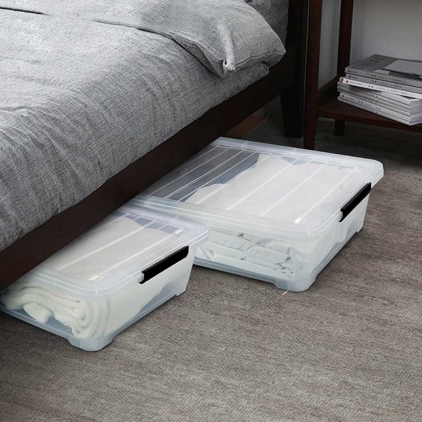 4-Pack 20 Quart Clear Under Bed Plastic Storage Bins with Wheels | Under Bed Storage Box, Locking Latch Lid, Easy-Glide Wheels, for Bedroom, Bathroom, Garage, and Office Organization