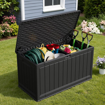 Devoko 30 Gallon Resin Deck Box Waterproof Outdoor Storage Box for Patio Furniture Pool Accessories Indoor Storage for Cushion Garden Tools (30 Gallon, Black)