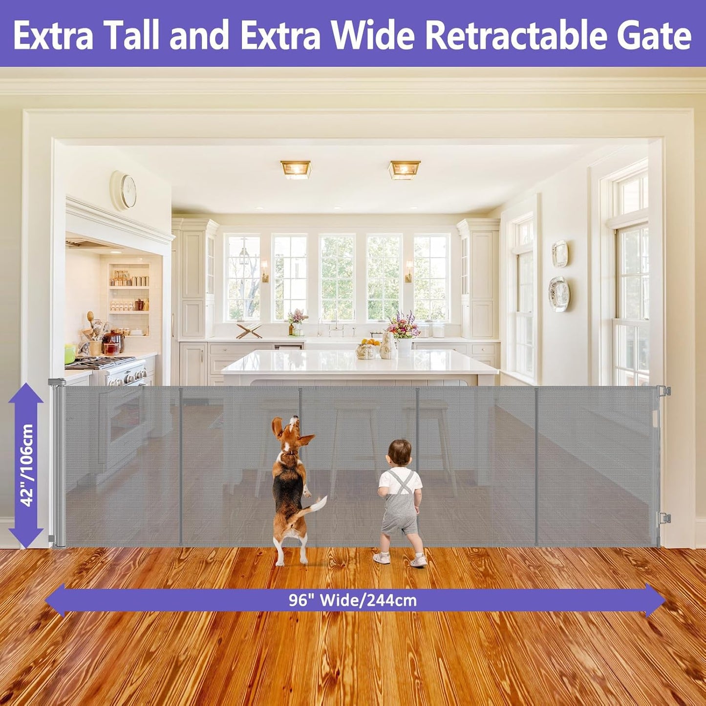 Newly Enhanced - 42" Tall × 120" Extra Wide Retractable Baby Gate Keeps Pets from Getting Under Tall Dog Gate, Indoor/Outdoor Baby Gates for Dogs, Retractable Dog Gate for Large Openings, White