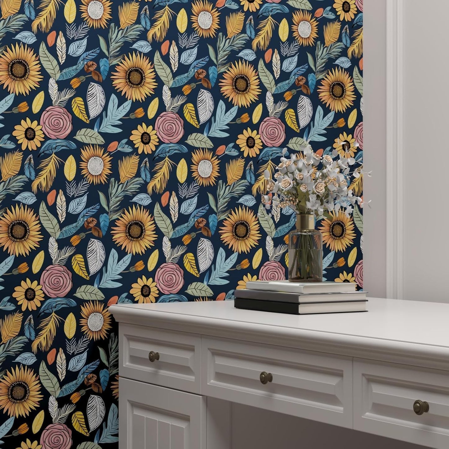 Blue Wallpaper Peel and Stick,Vintage Boho Floral Contact Paper 17.5" x 118", Retro Botanical Flower Wall Paper Self Adhesive Removable Waterproof for Walls Shelves Cabinet Table (Blue,Yellow, Green)