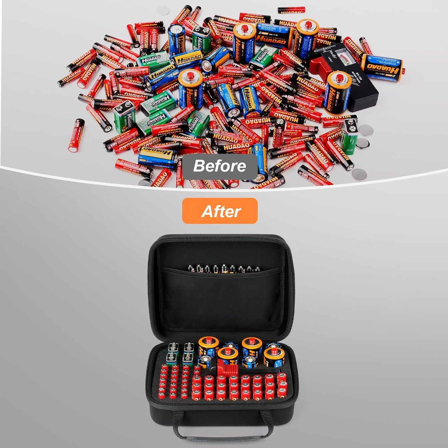 Arkeiliy Battery Organizer, Battery Organizer Storage Case with Tester BT-168, Waterproof Battery Holder Box Holds, Battery Case Organizer 60+ AA AAA C D 9V Batteries (Batteries are Not Included)