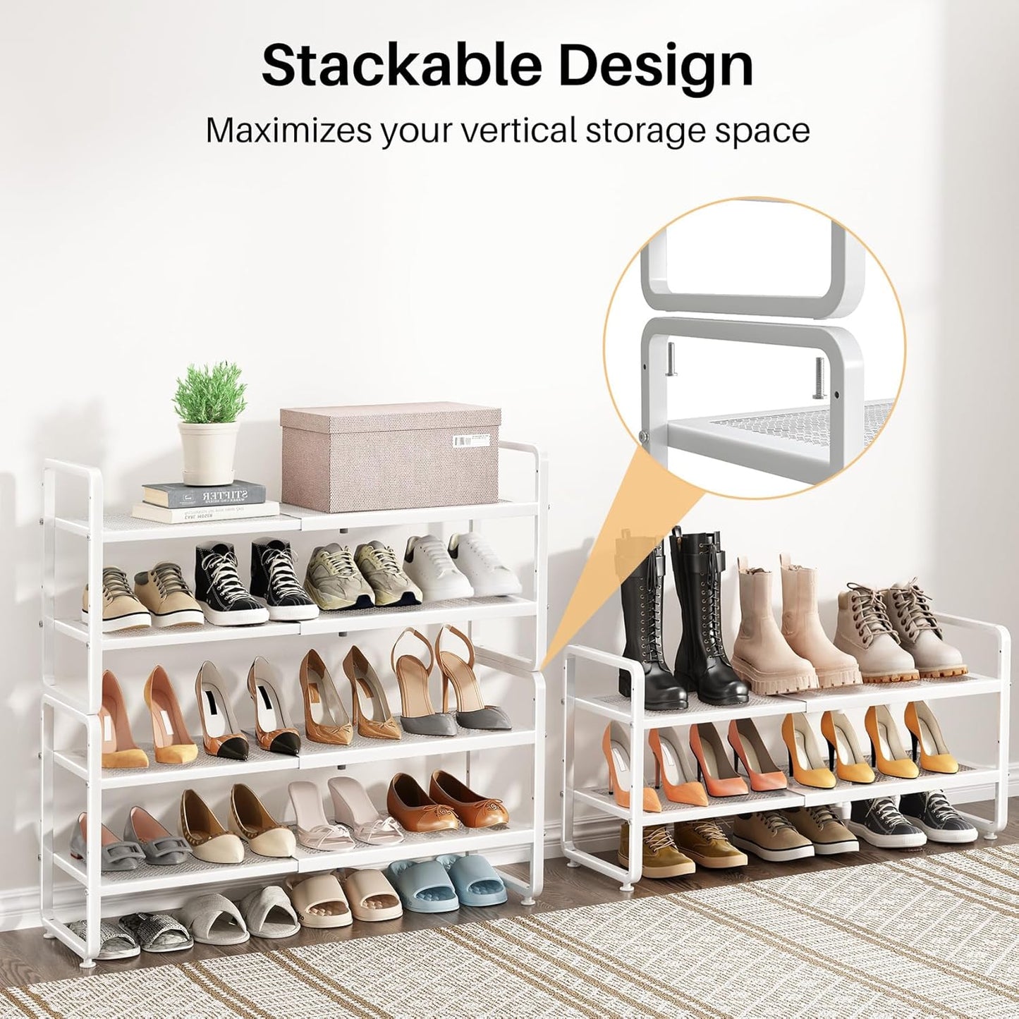SNTD Shoe Rack - Expandable Shoe Organizer for Closet, Adjustable Metal Shoe Shelf Storage, Stackable Long Shoe Stand Holder for Garage, Entryway, Door Entrance (Black, 2-Tier)