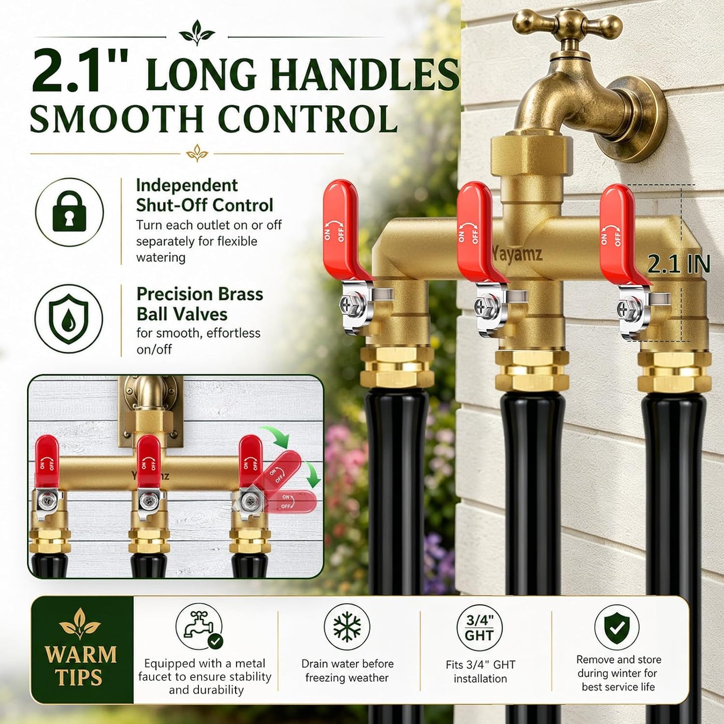 Garden Hose Splitter 3-Way, Heavy Duty Brass Hose Splitter | Outdoor Water Spigot Splitter, Full Flow, Long Handles, Shut-off Valves, Wide Spacing Fit Large Timer