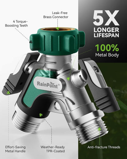 RAINPOINT Garden Hose Splitter 2 Way, All Metal Heavy Duty Water Hose Y Splitter With 2.05" Extra Long Side Handle & Shut Off Valves, 3/4 Inch GHT Thread Connector For Outdoor Spigot Faucet (Green)