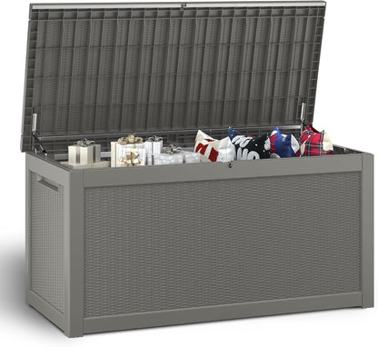 NUNU LAB Outdoor Storage Box, 45 Gallon Outside Deck Box Waterproof, Resin Outdoor Storage Cabinet With Lockable Lid, Backyard Storage Bench For Garden Tools, Patio Cushions, Pool Tools, Black
