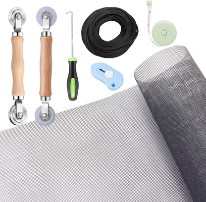 Windows Screen and Screen Door Repair Kit, 48"x118" Charcoal Fiberglass Mesh with Rolling Tool/Hook/Ruler/Cutter/Spline - Window Screen & Sliding Screen Door Replacement for Windows, TOOLTRIZ