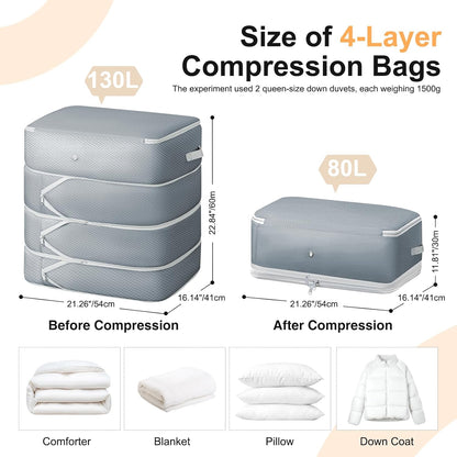 Comforter Storage Bag - Large Capacity Blanket Storage Bags 3-Layer Ultra Space Saving Self Compression Organizer, Washable Compression Bags for Storage Comforter Blanket, 2-Pack, Beige