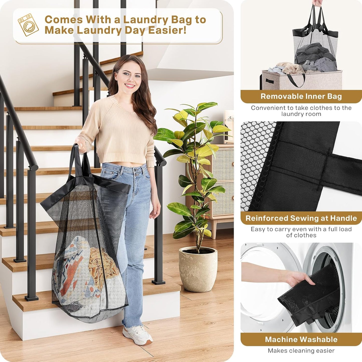 SOLEDI Luxury Double Laundry Hamper with Lid and Removable Bags, 38.3 Gal Large Laundry Bin, Laundry Basket 2 Sections, Collapsible Clothes Hamper for Bedroom, Laundry Room, Bathroom, Off-white