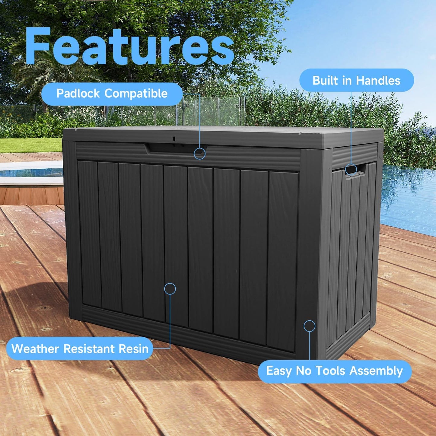EasyUp 50 Gallon Outdoor Storage Box Waterproof Lockable Deck Boxes | UV Resistant Resin, for Garden Tools Cushions Patio Equipment, 300 lbs Capacity, Portable Design, Easy 16-Min Assembly