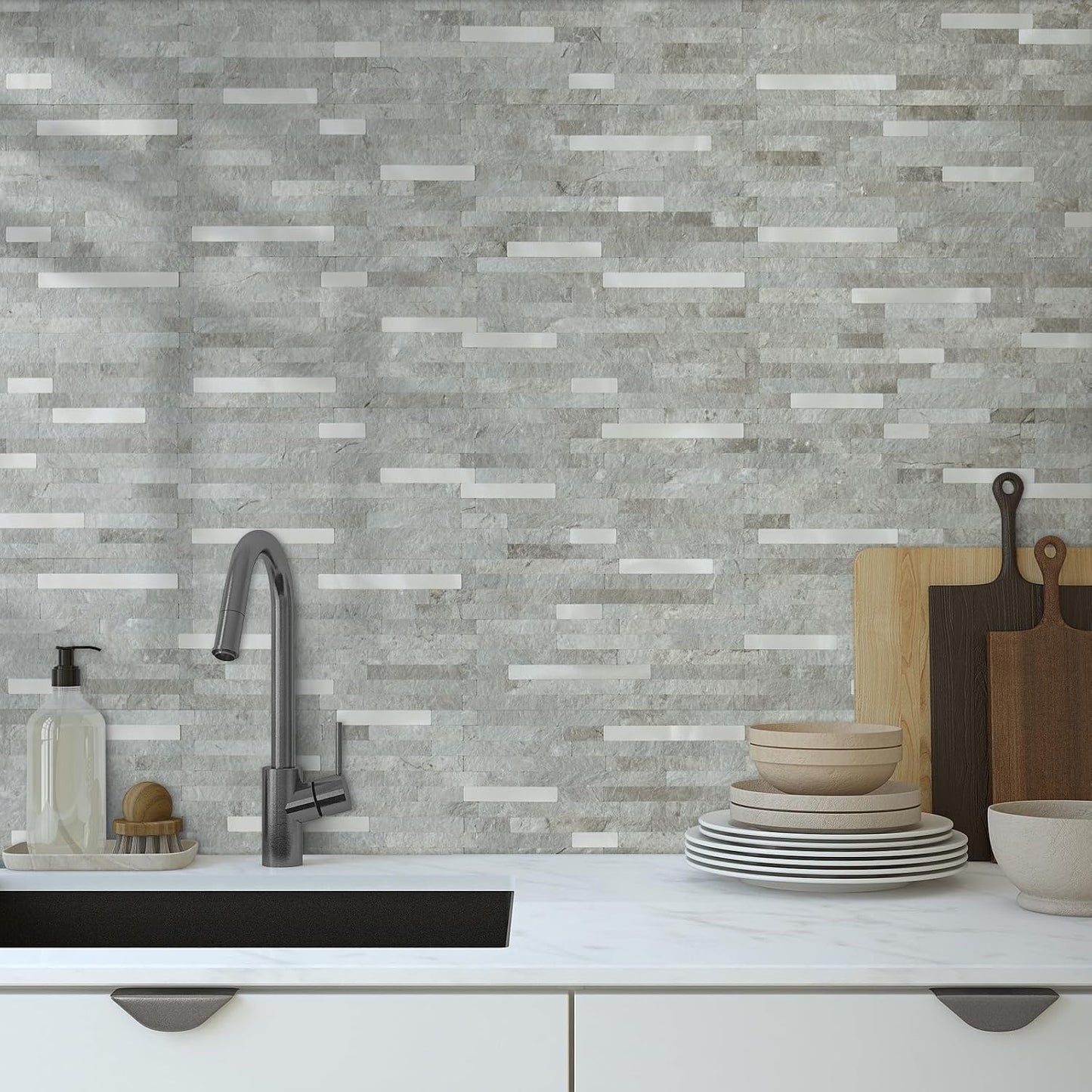 AULIGET 20 Sheets Peel and Stick Backsplash, Black & Grey Wood Look PVC Mixed Metal Stick on Backsplash Tiles for Kitchen