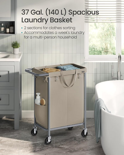 SONGMICS Laundry Basket with Wheels, 3-Section Rolling Laundry Hamper, 52.8 Gallons (200 L), Removable Liner, Steel Frame with Handle, 35.8 x 15.4 x 31.9 Inches, Cream White URLS005W01