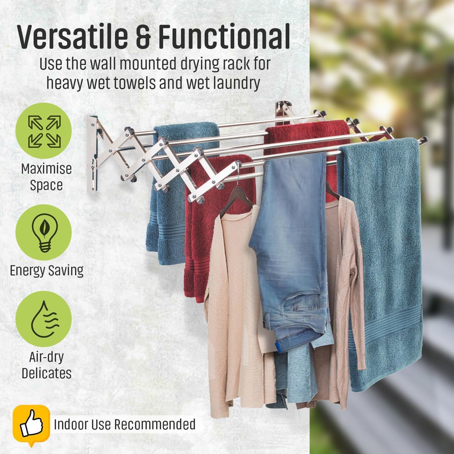 Smartsome Wall Mounted Clothes Drying Rack | Adjustable to Fit Your Space | 20 Linear Feet Drying Capacity | 8 Stainless Steel Rods | 60 lb Capacity | Fully Assembled | Compact Space-Saving Design