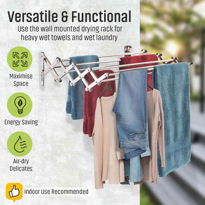 Smartsome Wall Mounted Clothes Drying Rack | Adjustable to Fit Your Space | 20 Linear Feet Drying Capacity | 8 Stainless Steel Rods | 60 lb Capacity | Fully Assembled | Compact Space-Saving Design