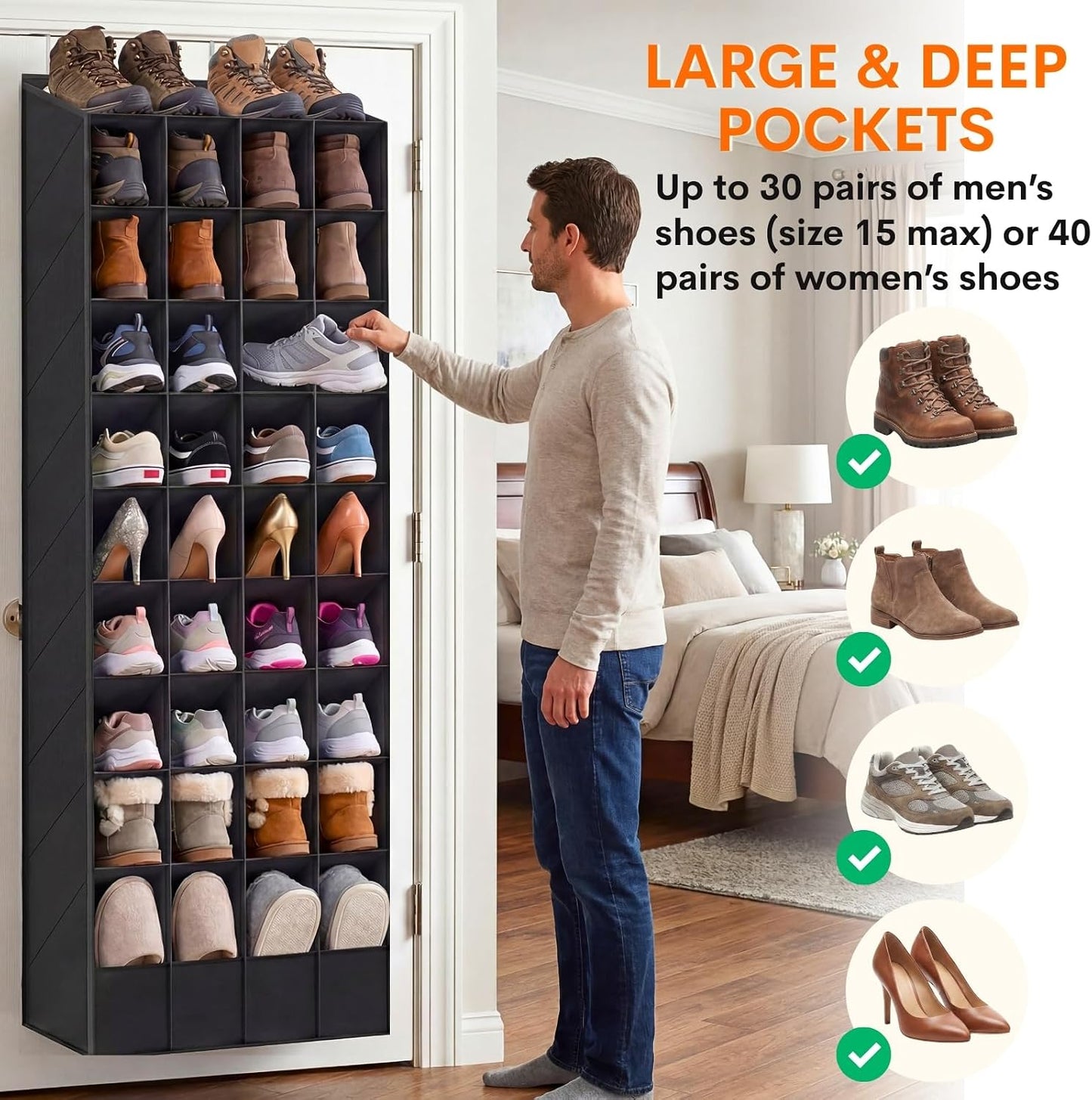 Ofiray-home 30-40 Pairs Over the Door Shoe Organizer | Large & Deep Pockets, Fits Boots, Sneakers or Larger Shoes, Space-Saving Hanging Shoe Rack