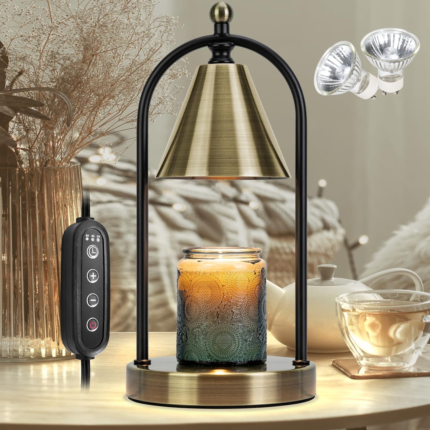 Candle Warmer Lamp with Timer, Electric Black Candle Warming Light for Bedroom, Dimmable Wax Melts Warmer for Home Decor Beside Lamp Gifts for Women (2 Bulbs Included)