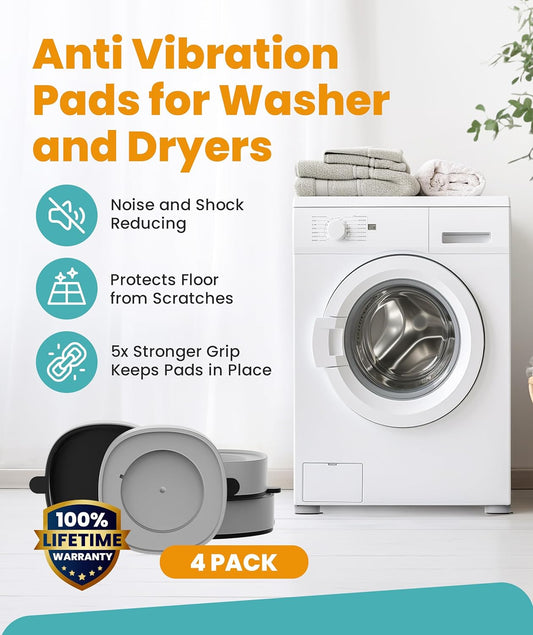 Flux Phenom Anti-Vibration Pads for Washing Machine & Dryer – Non-Slip Rubber Isolation Pads, Shock Absorber Support Feet Risers, Washing Machine Stand Stability Mat for Floor Protection (4 Pack)