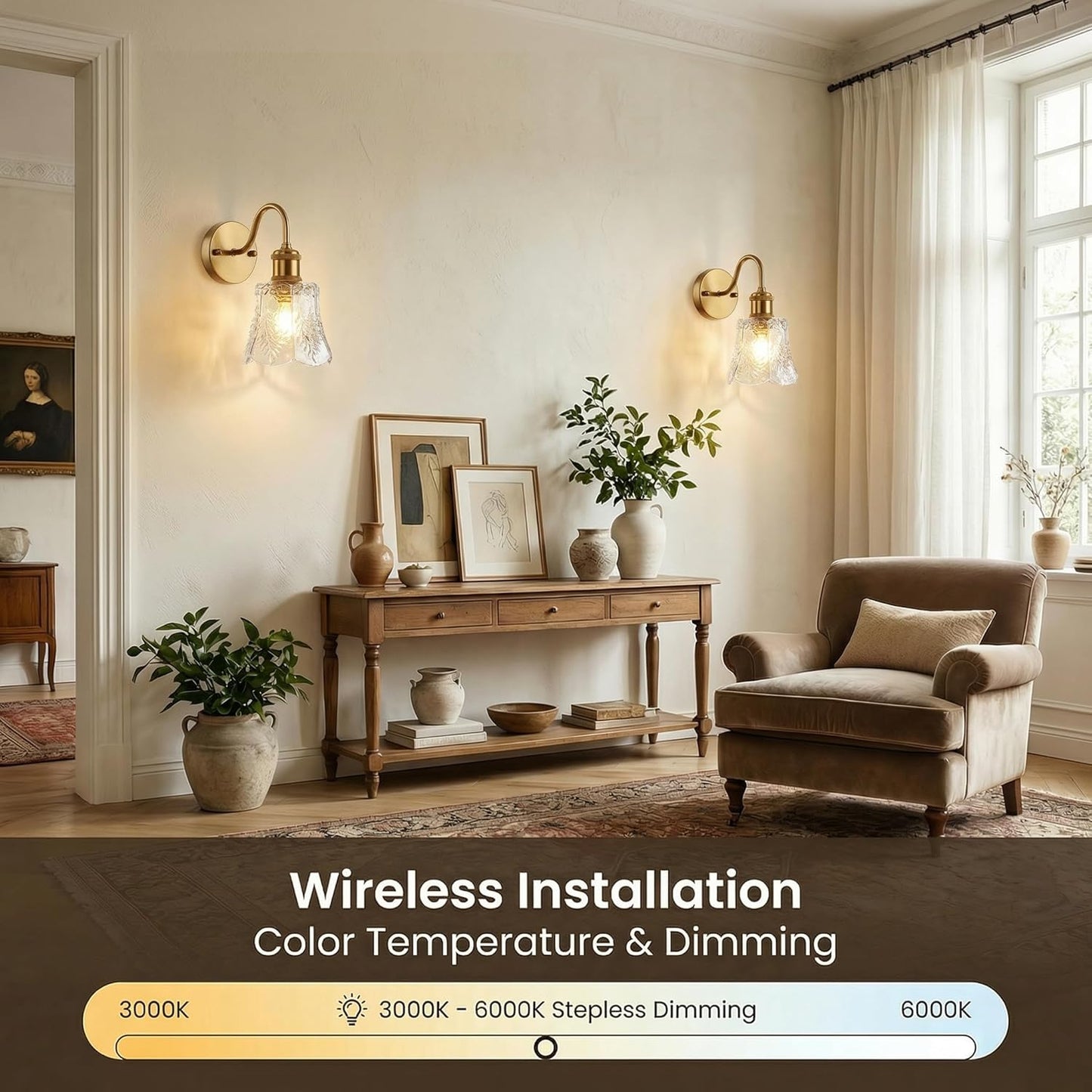 YUNICE Rechargeable Wall Sconces Set of 2 Battery Operated Wall Sconce with Remote Control Dimmable Cordless Wall Lamp with Amber Glass Lampshade Antique Brass Wall Lights for Bedroom Living Room