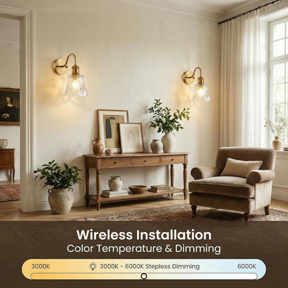 YUNICE Rechargeable Wall Sconces Set of 2 Battery Operated Wall Sconce with Remote Control Dimmable Cordless Wall Lamp with Amber Glass Lampshade Antique Brass Wall Lights for Bedroom Living Room