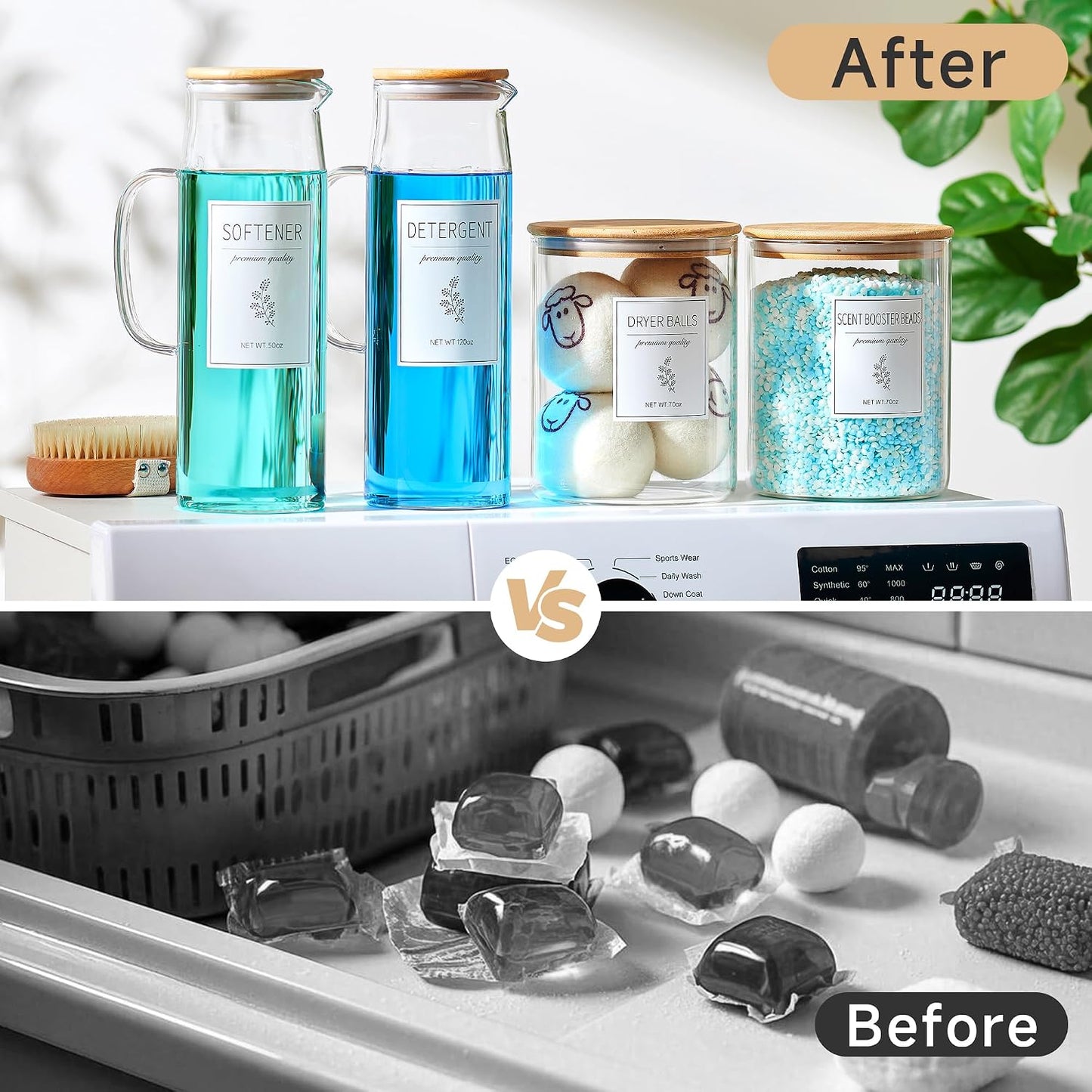 Laundry Detergent Dispenser Set with Labels and Handle for Laundry Room Organization and Storage- Easy Pour 2 Pack 50 oz Liquid Laundry Containers for Laundry Room Decor, Farmhouse Decor