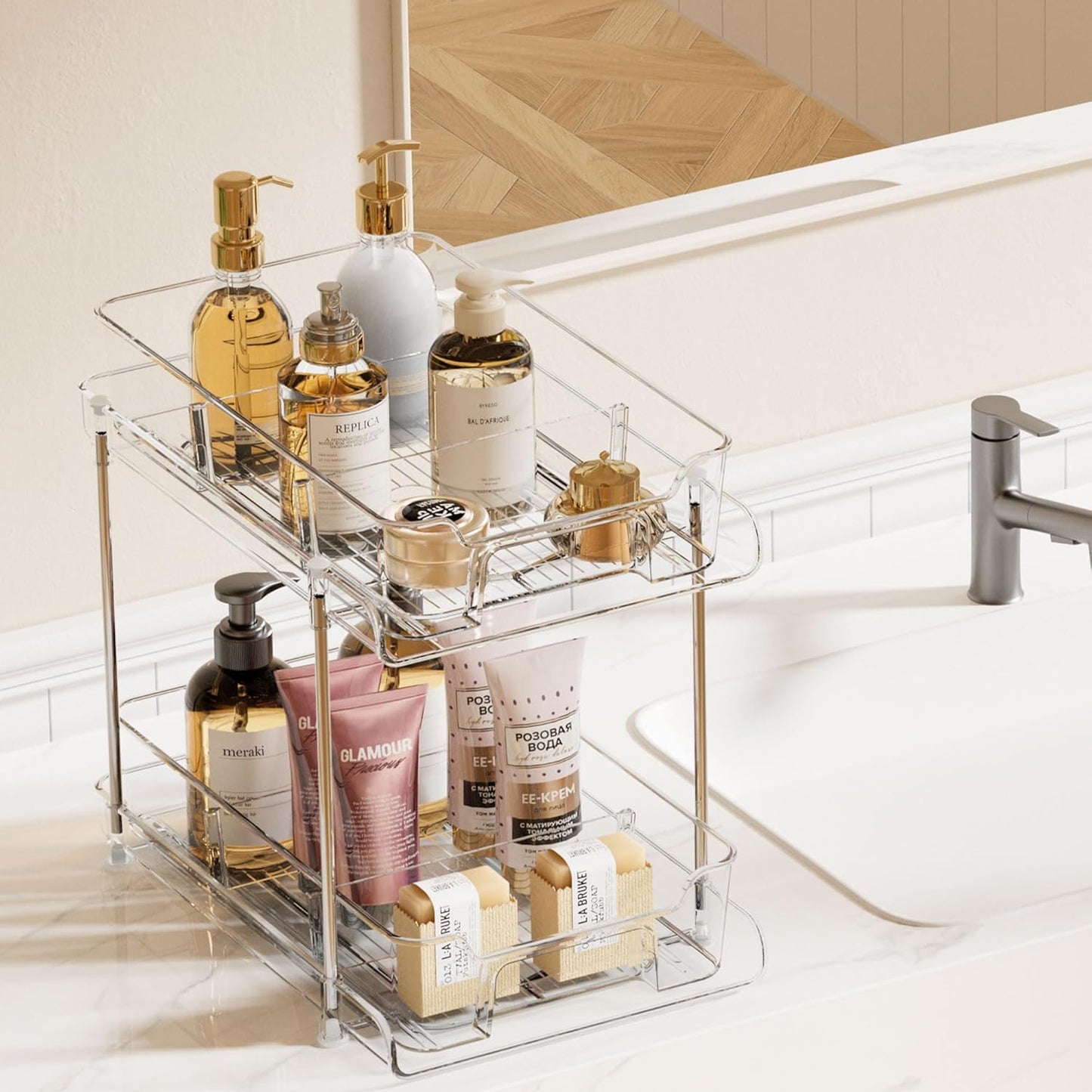 Vtopmart 2 Tier Bathroom Storage Organizer, 2 Pack Clear Under Sink Organizers Vanity Counter Container, Cabinet Drawers Bins, Pull-Out Organization with Track for Pantry, Kitchen