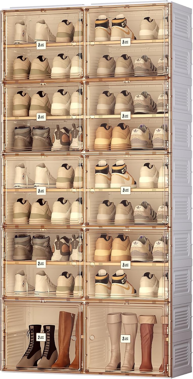 ANTBOX Portable Shoe Rack Organizer for Closet Entryway, Stackable Sneaker Storage Shoe Cabinet with Magnetic Clear Door, Large Plastic Storage containers Bins with Lids 7 Tiers 28 Pairs