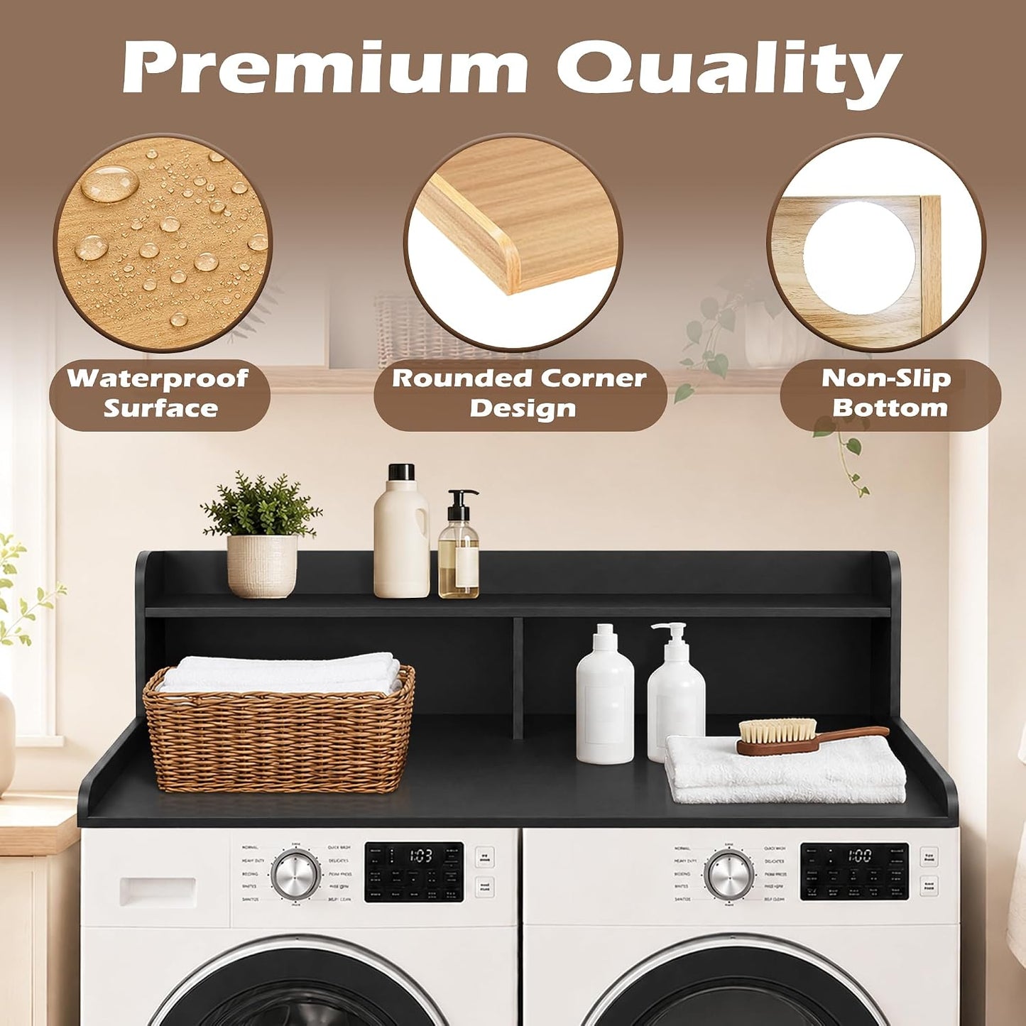 Royxen Laundry Countertop with 2-Tier Shelf Universal Fit, Washer and Dryer Countertop with Storage Space, Shelf Height 11.5 Inches, Solid Wood Core, Oak