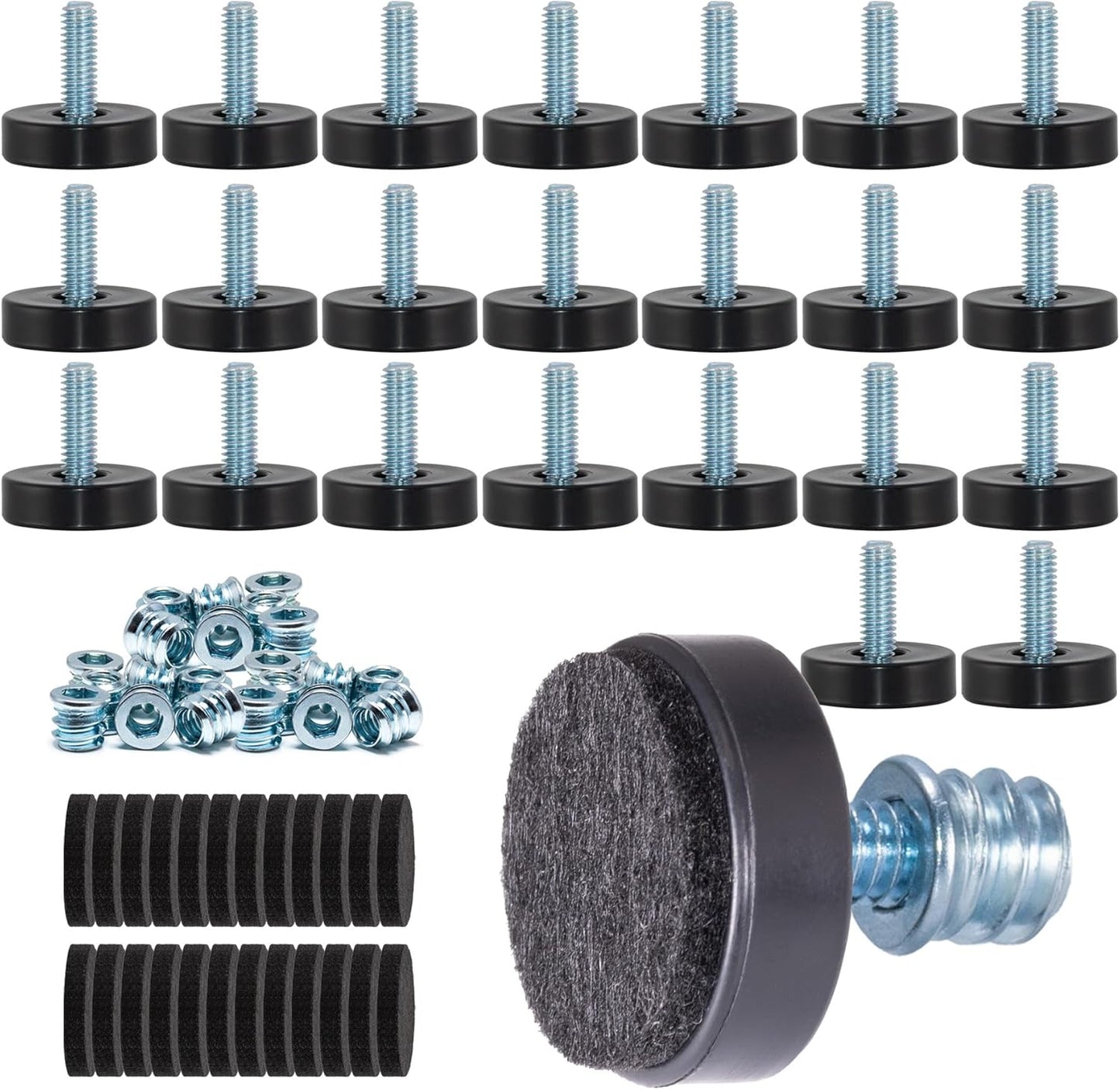 24 Pack M6 Thread Adjustable Furniture Levelers with Self-Adhesive Felt Pads – 1" Leveling Feet & Floor Protectors for Chairs, Tables on Hardwood Floors