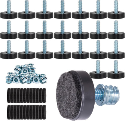 24 Pack M6 Thread Adjustable Furniture Levelers with Self-Adhesive Felt Pads – 1" Leveling Feet & Floor Protectors for Chairs, Tables on Hardwood Floors