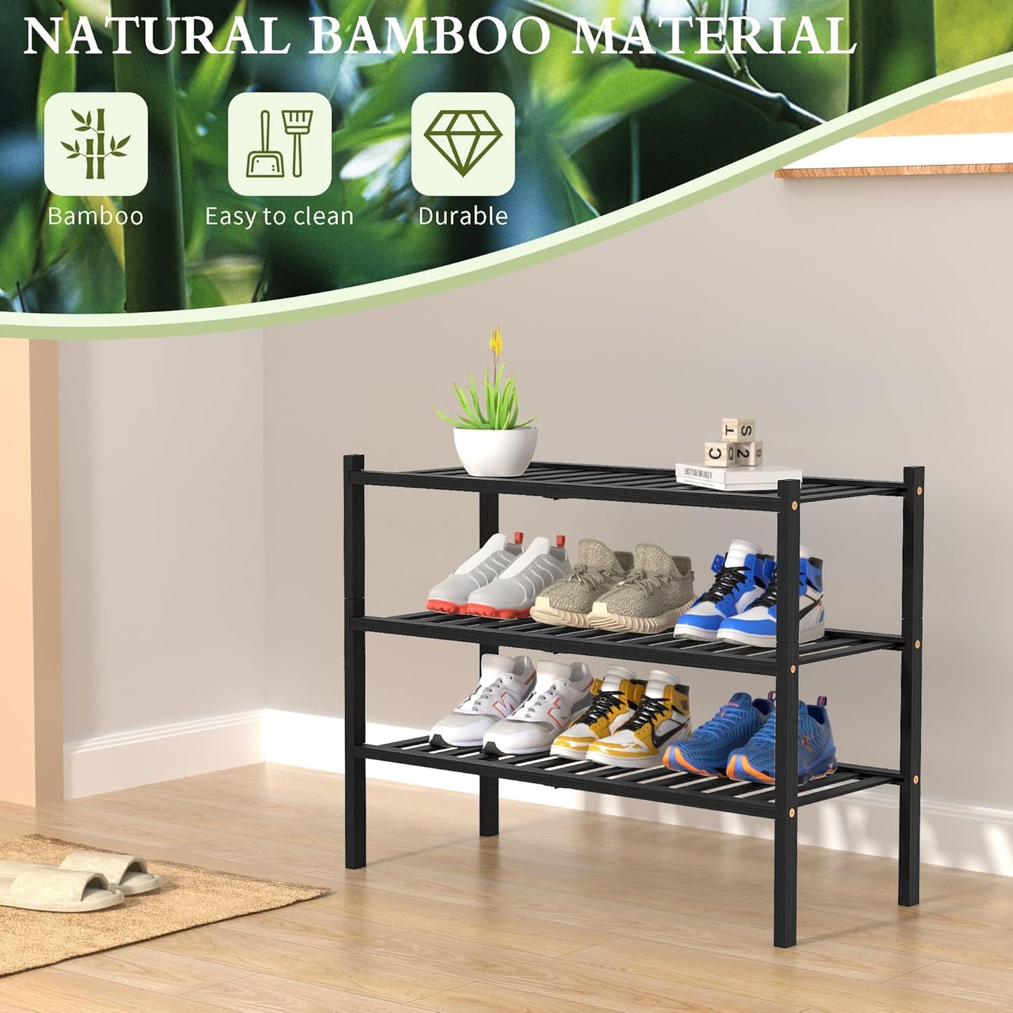 ROMGUAR CRAFT 3 Tier Bamboo Shoe Rack for Closet Free Standing Wood Shoe Shelf Storage Organizer for Entryway Small Space Stackable 27"x11"x20" (Natural)