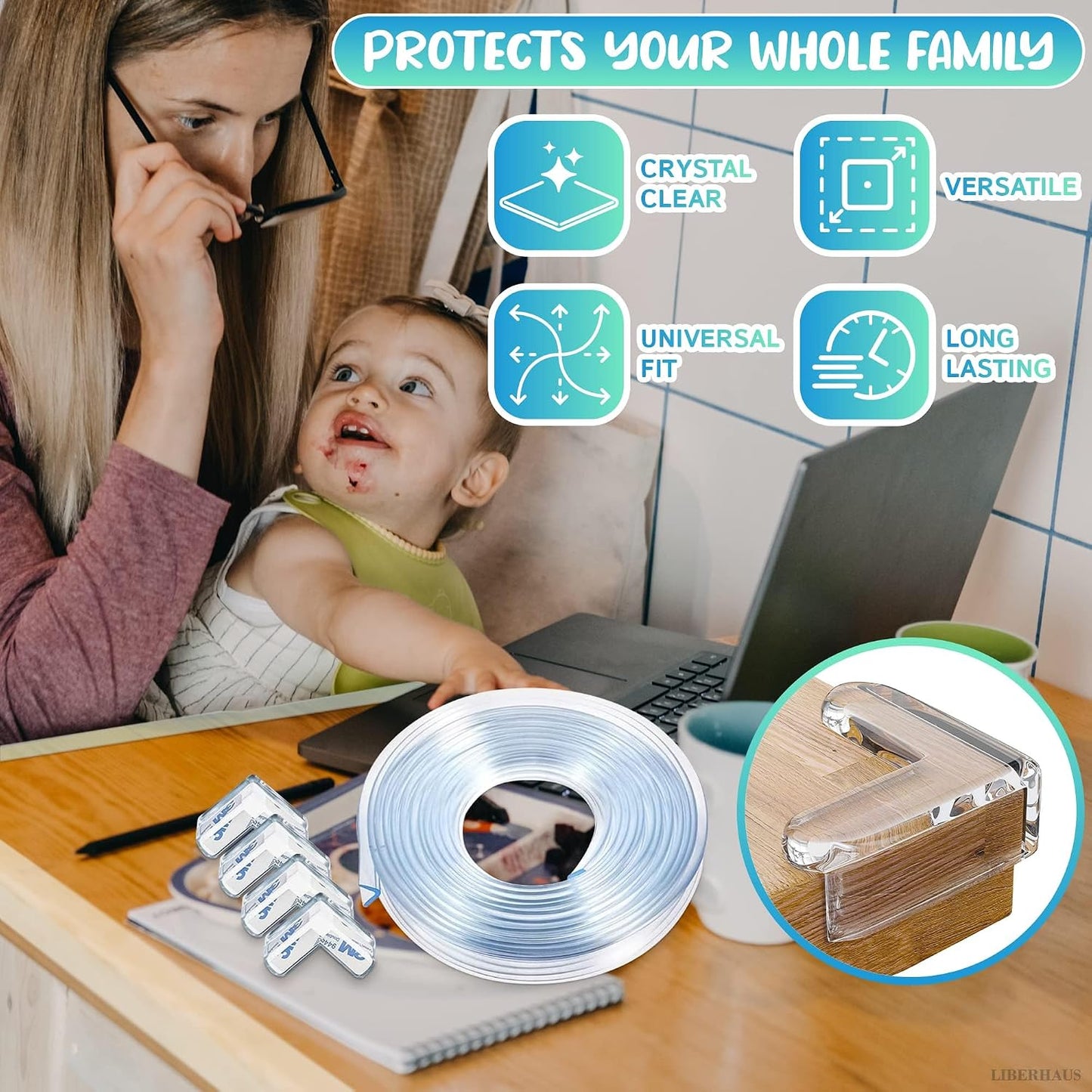 10ft Sharp Edge Protector Strip & 4 Clear Corner Guards for Furniture – Thick Cushion, Peel & Stick with Double-Sided Tape – Removable Table Corner Protectors for Sharp Edges, Cabinets & Countertops