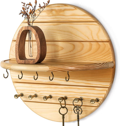 Rebee Vision Pine Wood Key Holder Wall Mount – Rustic Wooden Key Hooks for Wall with Shelf – Decorative Mail Organizer, Coat Rack & Dog Leash Holder for Home Decor, Entryway and Living Room (Brown)