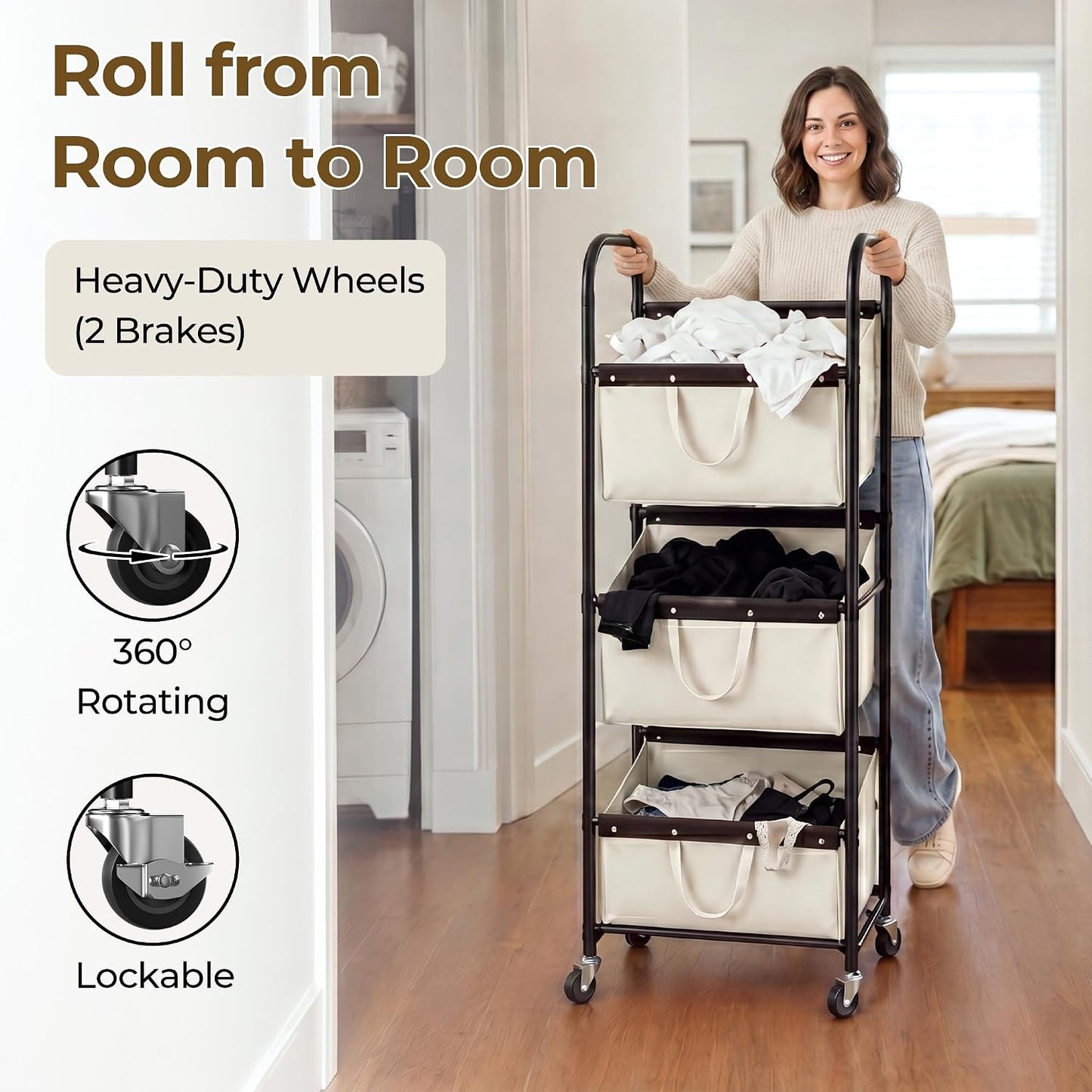 GRANNY SAYS 3 Section Tiered Laundry Sorter, Slim Vertical Laundry Hamper with Wheels, Narrow Rolling Laundry Cart with Removable Bags for Laundry Room, Bathroom, Closet, Dorm, Beige