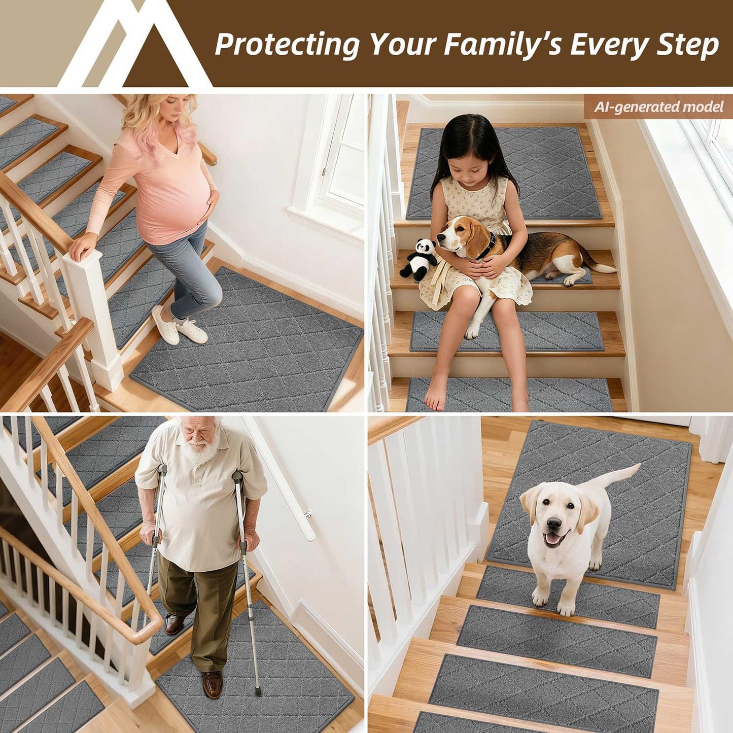 COSY HOMEER Edging Stair Treads Non-Slip Carpet Mat 28inX9in Indoor Stair Runners for Wooden Steps, Edging Stair Rugs for Kids and Dogs, 100% Polyester TPE Backing(4pc, Beige)