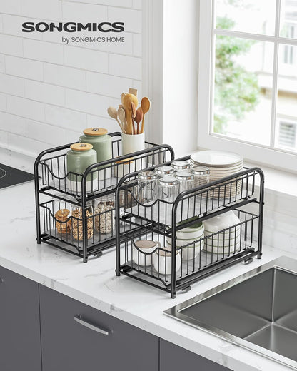 SONGMICS 2-Tier Pull Out Cabinet Organizers, Under Sink Organizer, Bathroom Organizer and Storage, Sliding Basket Drawers, Stackable for Kitchen, Bathroom, Metallic Silver UKCS017E01