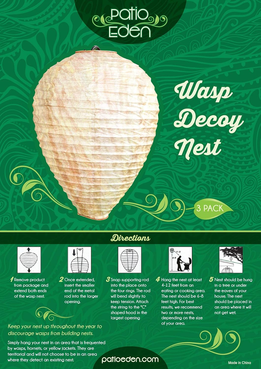 Wasp Nest Decoy - 3 Pack- Eco Friendly Hanging Wasp Repellent
