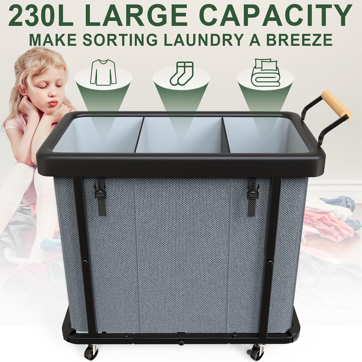 230L (60 Gal) Extra Large Fashion Laundry Sorter 3 Section with Lid, Rolling Laundry Basket Hamper with Handle, Laundry Organizer Storage Cart with Sturdy Metal Frame for Laundry Room, Hotel, White