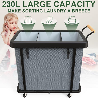 230L (60 Gal) Extra Large Fashion Laundry Sorter 3 Section with Lid, Rolling Laundry Basket Hamper with Handle, Laundry Organizer Storage Cart with Sturdy Metal Frame for Laundry Room, Hotel, White