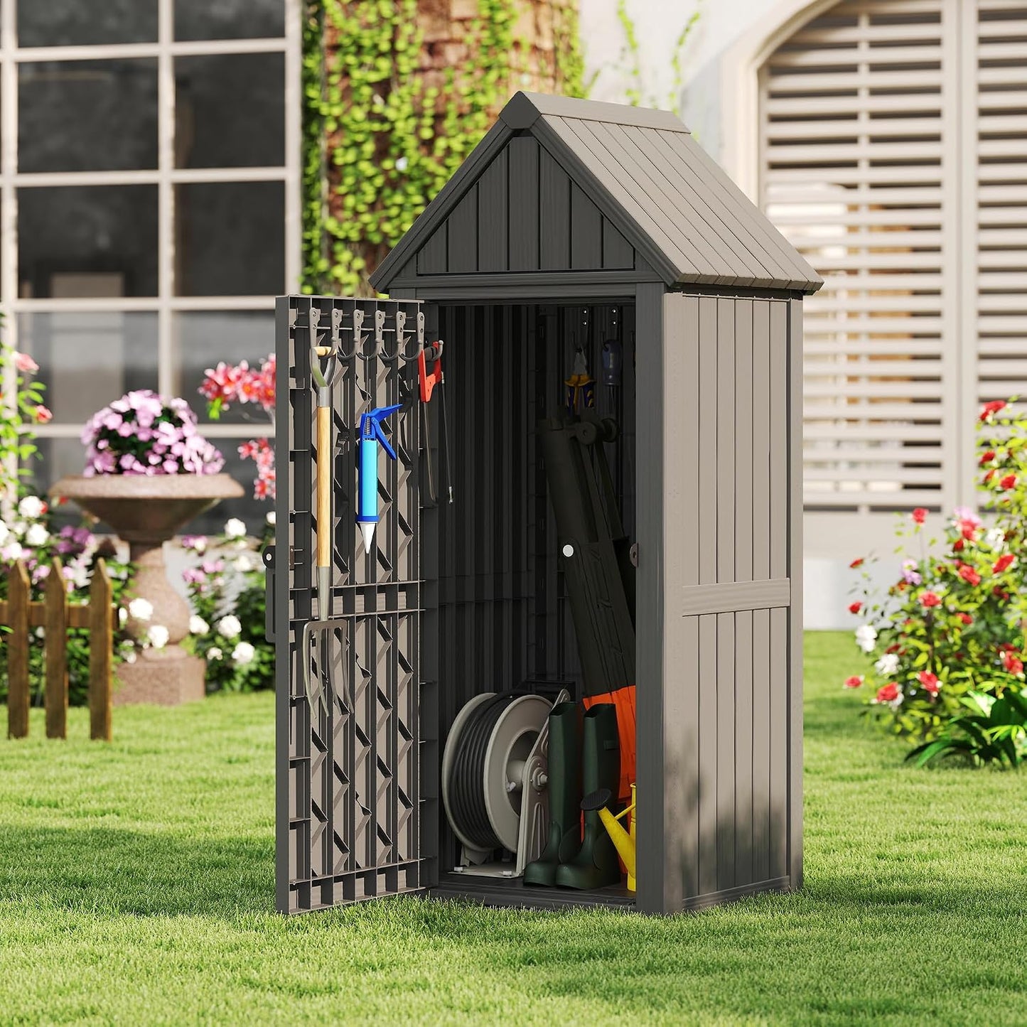 Bifanuo Deck Box Storage Shed Outdoor Storage Cabinet, Vertical Waterproof Resin Material Plastic Shed with Removable Shelves, 12 Hooks and Lock Ring for Garden, Pool and Patio (Classic Black)