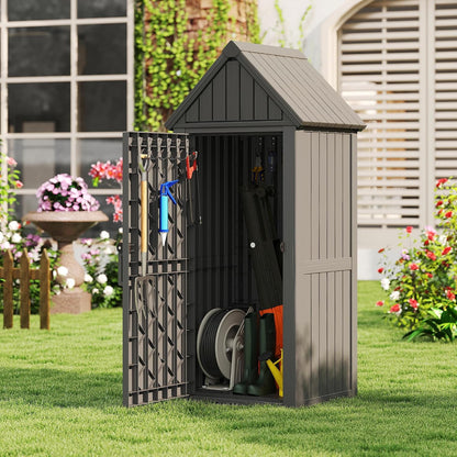 Bifanuo Deck Box Storage Shed Outdoor Storage Cabinet, Vertical Waterproof Resin Material Plastic Shed with Removable Shelves, 12 Hooks and Lock Ring for Garden, Pool and Patio (Classic Black)