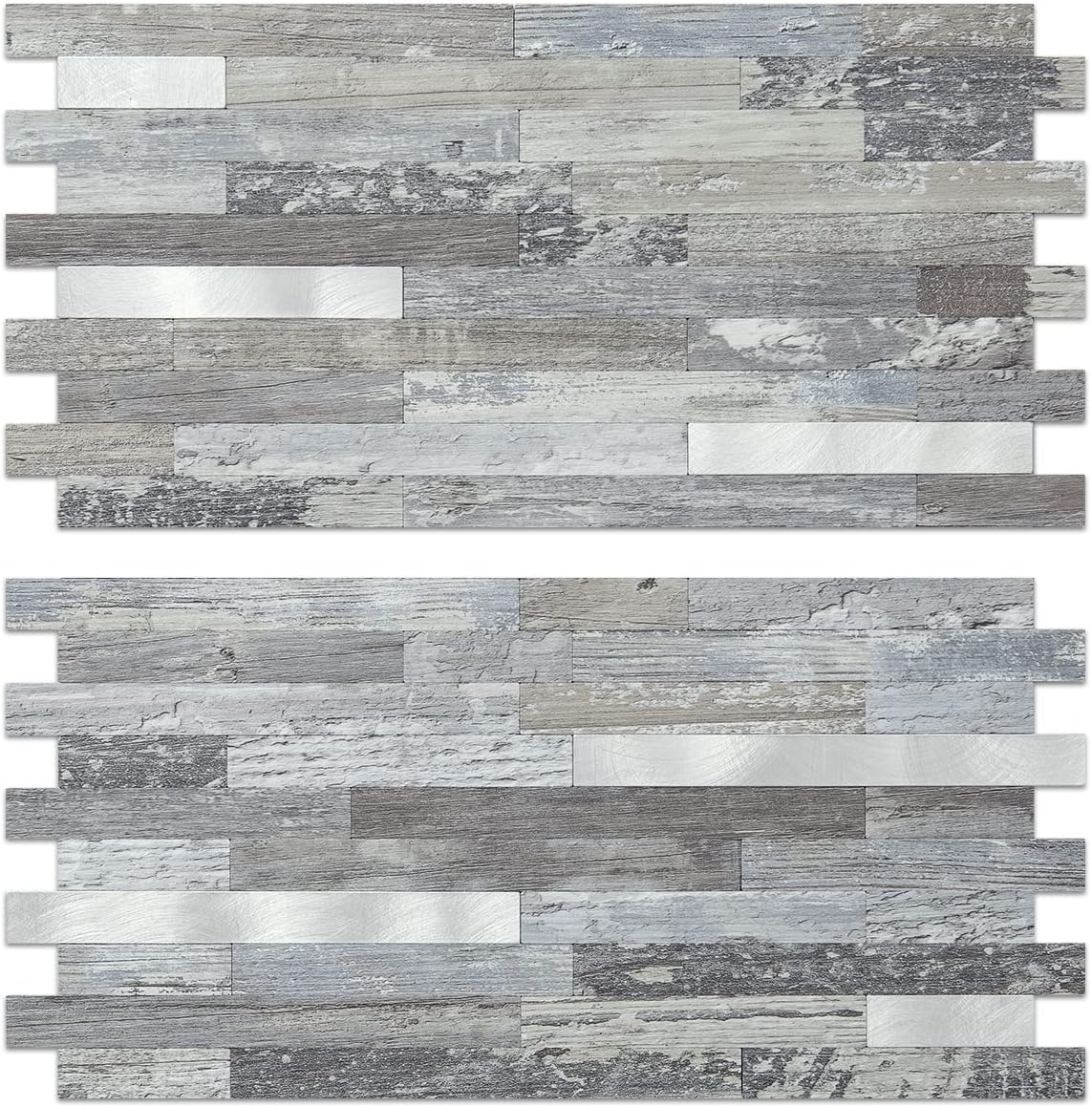 AULIGET 20 Sheets Peel and Stick Backsplash, Black & Grey Wood Look PVC Mixed Metal Stick on Backsplash Tiles for Kitchen