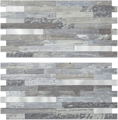 AULIGET 20 Sheets Peel and Stick Backsplash, Black & Grey Wood Look PVC Mixed Metal Stick on Backsplash Tiles for Kitchen