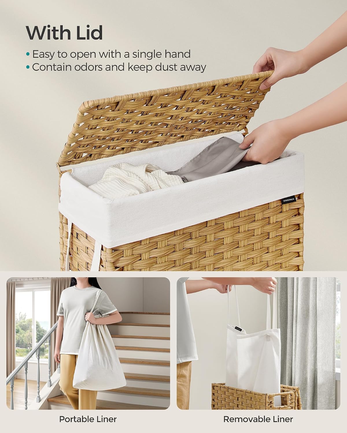 SONGMICS Laundry Hamper with Lid, 23.8 Gallon (90 L) Synthetic Rattan Clothes Laundry Basket with Lid and Handles, Foldable, Removable Liner, Chestnut Brown ULCB051K02