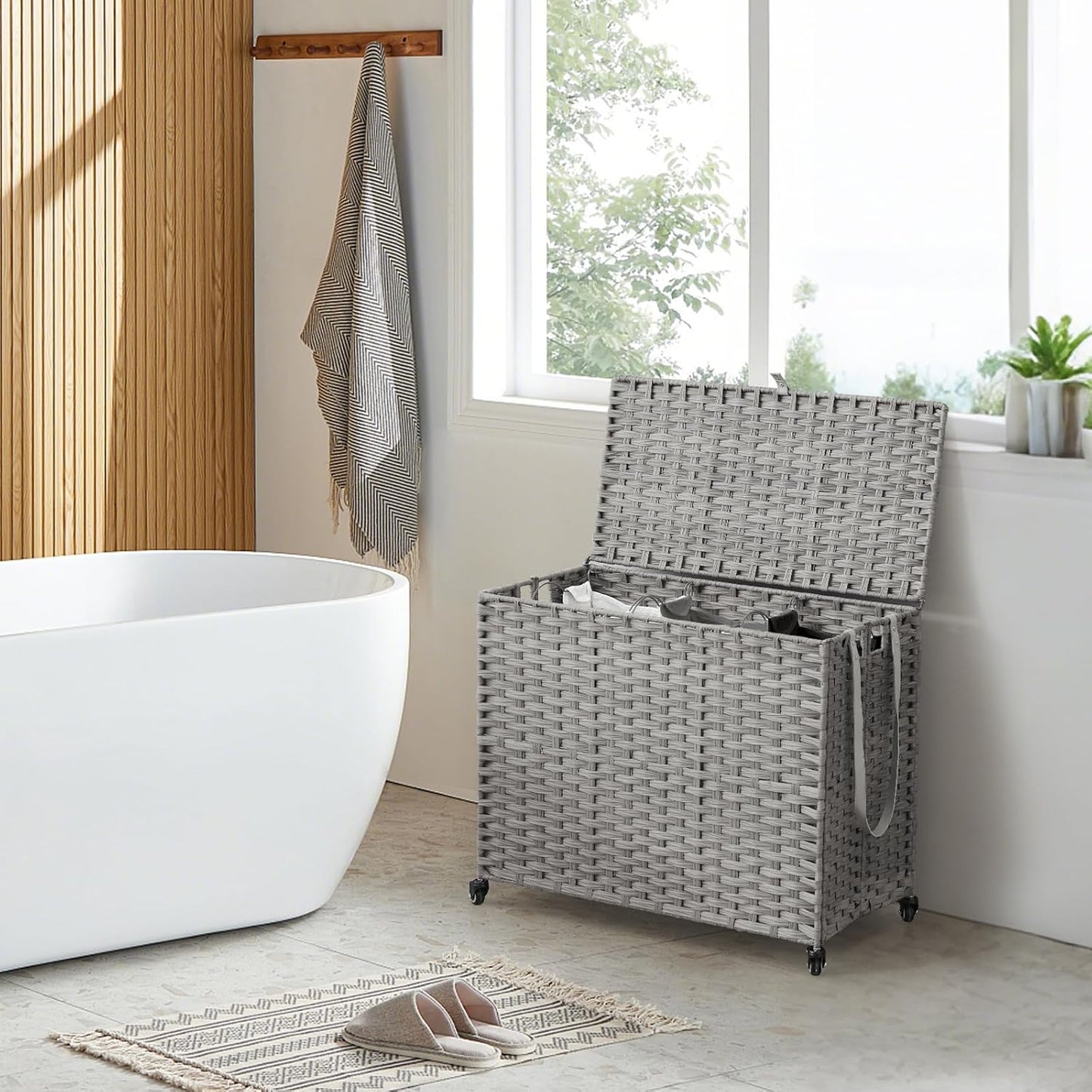 Laundry Hamper with Wheels, 52.8 Gallon(200L) Rolling Laundry Basket with Lid, Removable Large 3 Color Liners & 3 Mesh Laundry Bags, Clothes Hamper with Side Pocket, Natural