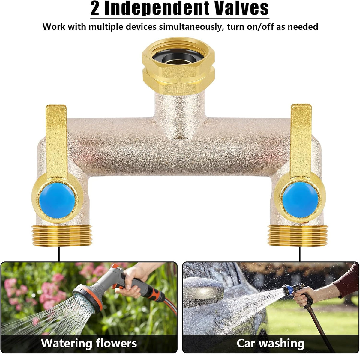 Upgraded Brass Garden Hose Splitter, 3/4" Hose Splitter 2 Way Heavy Duty with Extension Handles, Outdoor Faucet Splitter Water Spigot Splitter with Individual On/Off Valve