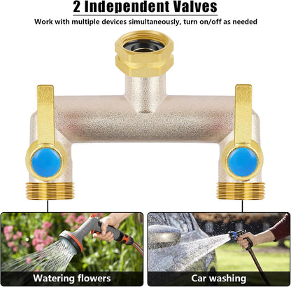 Upgraded Brass Garden Hose Splitter, 3/4" Hose Splitter 2 Way Heavy Duty with Extension Handles, Outdoor Faucet Splitter Water Spigot Splitter with Individual On/Off Valve