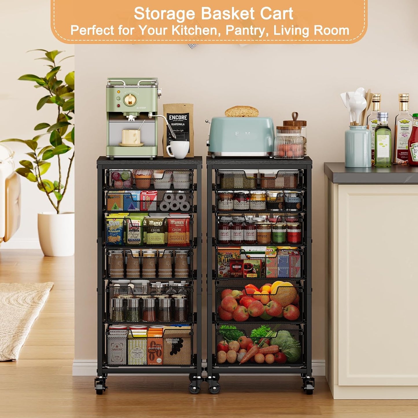 4 Tier Kitchen Rolling Cart, Kitchen Storage Cart with Wheels, Adjust Pantry Organizer and Storage Cart with Drawer, Fruit Vegetable Spice Storage Cart, Wooden Top Metal Kitchen Organizer Rack Stand