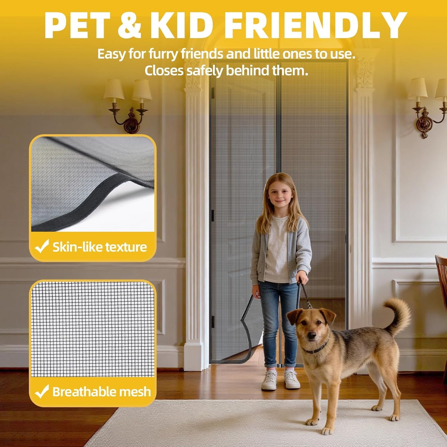 Magnetic Screen Door - 38"x83" Heavy Duty Mesh for Entry Front Back Patio Sliding Door, Self Sealing Hands Free, Bug Proof, Windproof Clips, No Drill Easy Install, Pet & Child Friendly, Black