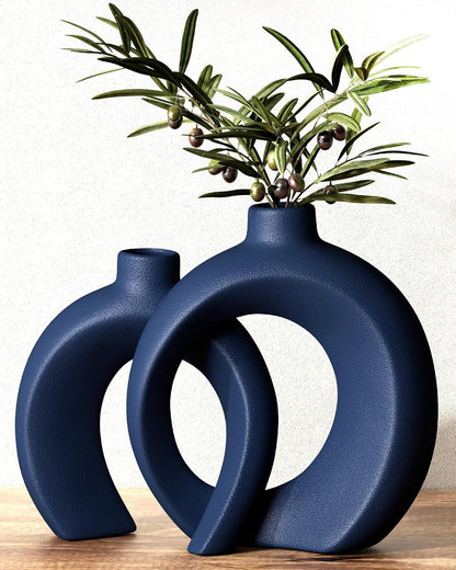 7.2″Hx8.9″H Donut Shape Decorative Vase Set of 2, Ceramic, Modern Minimalism Styles, Flowers or Plant Table Vases for Home Decor Living Room Shelf Entry Console Mantle Dining Centerpiece (Matte White)