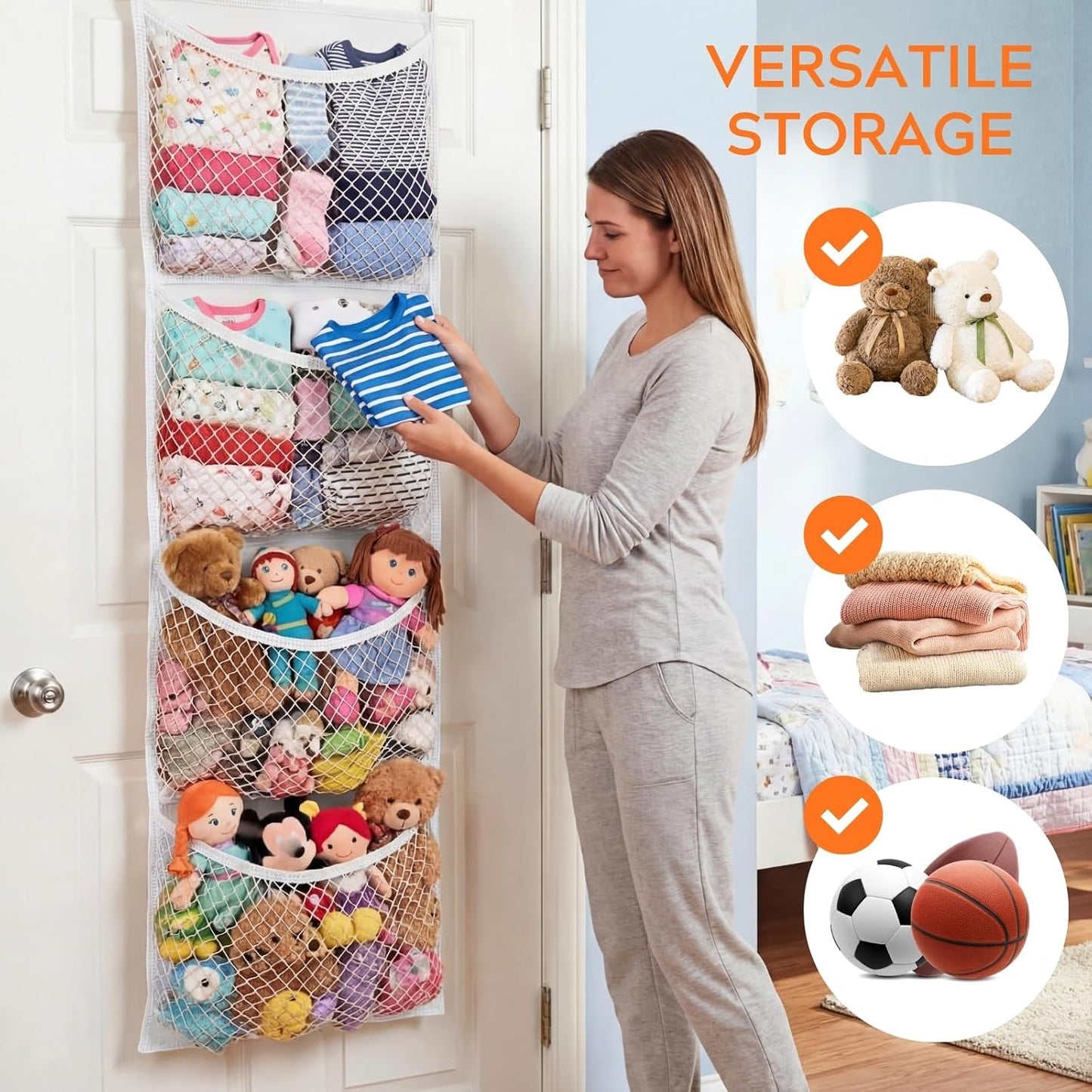 Ofiray-home Cotton Over The Door Stuffed Animal Storage | Toy Organizer for Storage Plush Toys, Stuffed Animal Holder with 4 Large Pockets, Hanging Door Organizer for Nursery