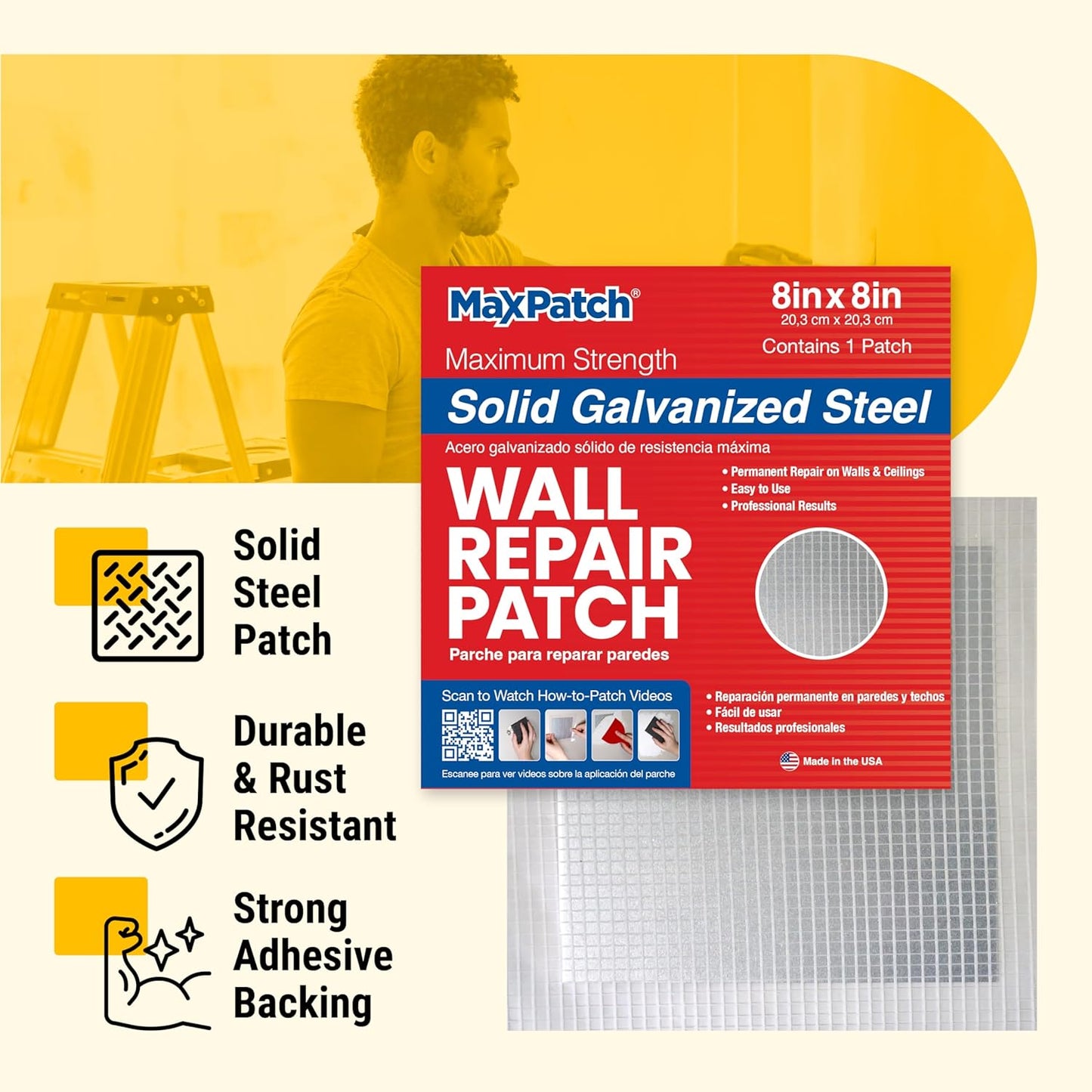 MaxPatch® 6 in. x 6 in. Solid Metal Self-Adhesive Wall Repair Patch (3-Pack) – Durable Galvanized Metal, Easy Application for Drywall, Plaster, and Ceiling Repairs